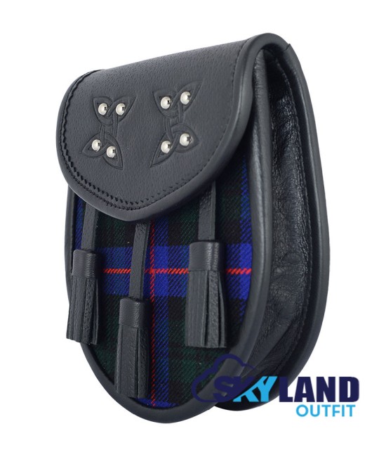 Black Leather Scottish Sporran with Clan Arm Strong Tartan