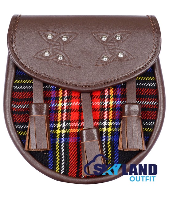 Brown Leather Scottish Sporran with Clan Black Stewart Tartan