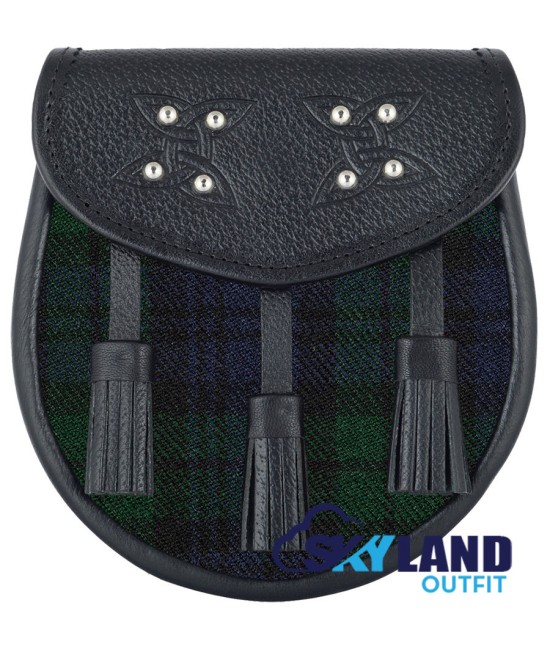 Black Leather Scottish Sporran with Clan Black Watch Tartan