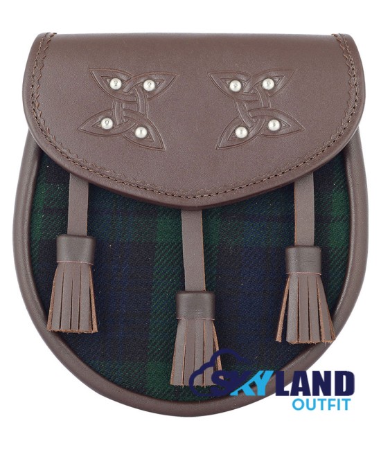 Brown Leather Scottish Sporran with Clan Black Watch Tartan