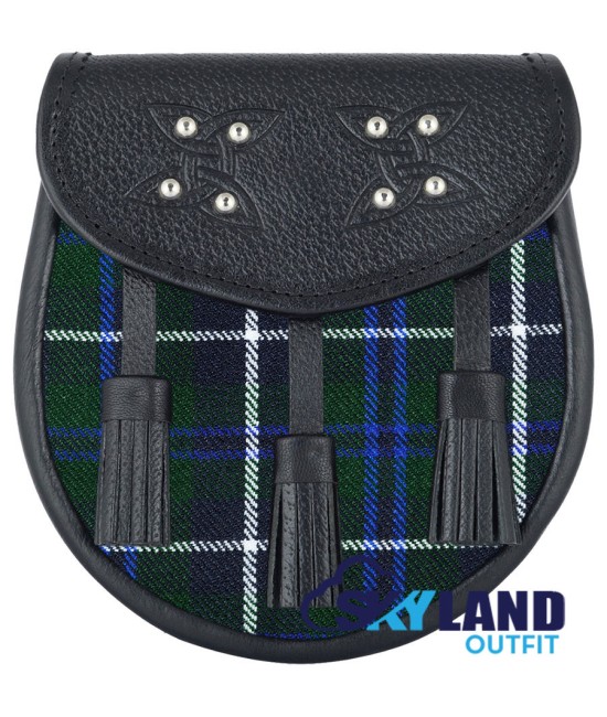 Black Leather Scottish Sporran with Clan Blue Douglas Tartan