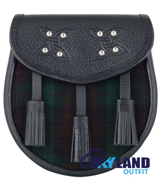  Black Leather Scottish Sporran with Clan Brown Watch Tartan