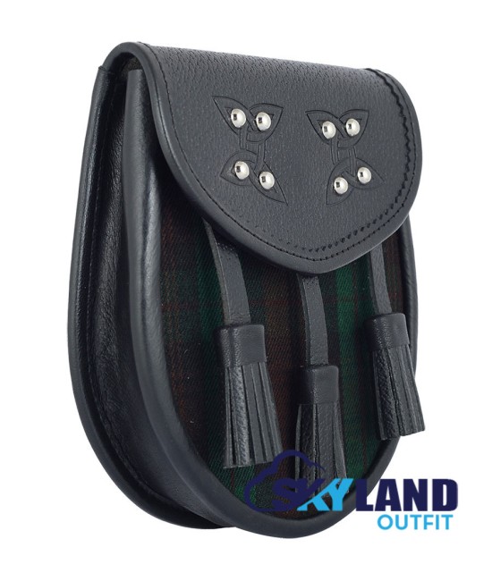  Black Leather Scottish Sporran with Clan Brown Watch Tartan