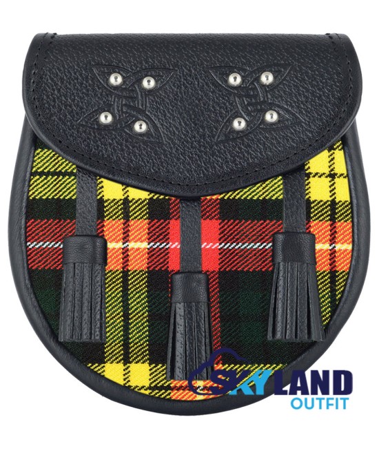 Black Leather Scottish Sporran with Clan Buchanan Tartan