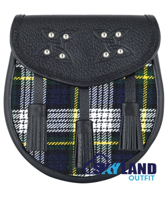 Black Leather Scottish Sporran with Clan Dress Gordon Tartan