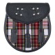 Black Leather Scottish Sporran with Clan Dress Stewart Tartan