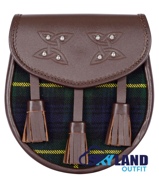 Brown Leather Scottish Sporran with Clan Gordon Tartan