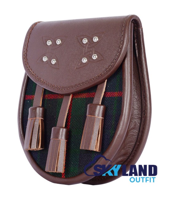 Brown Leather Scottish Sporran with Clan Gunn Tartan