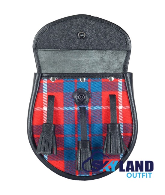 Black Leather Scottish Sporran with Clan Hamilton Red Modern Tartan
