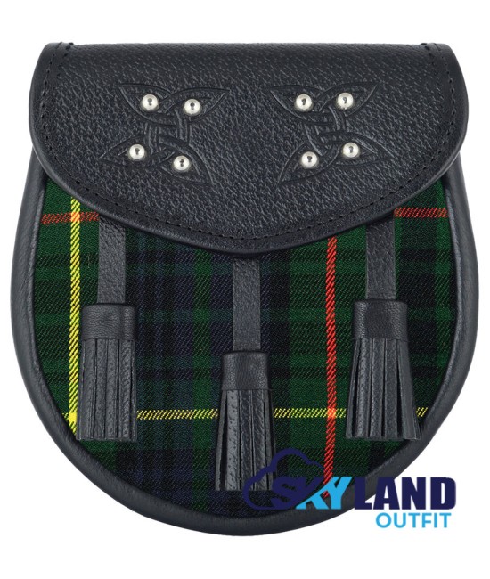 Black Leather Scottish Sporran with Clan Hunting Stewart Tartan