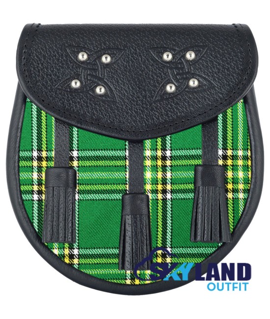 Black Leather Scottish Sporran with Clan Irish Tartan
