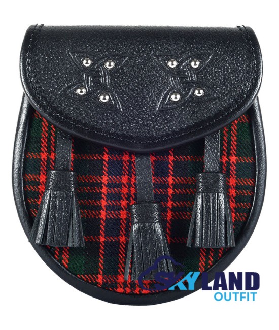 Black Leather Scottish Sporran with Clan Macdonald Tartan