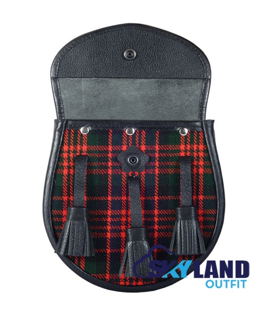 Black Leather Scottish Sporran with Clan Macdonald Tartan