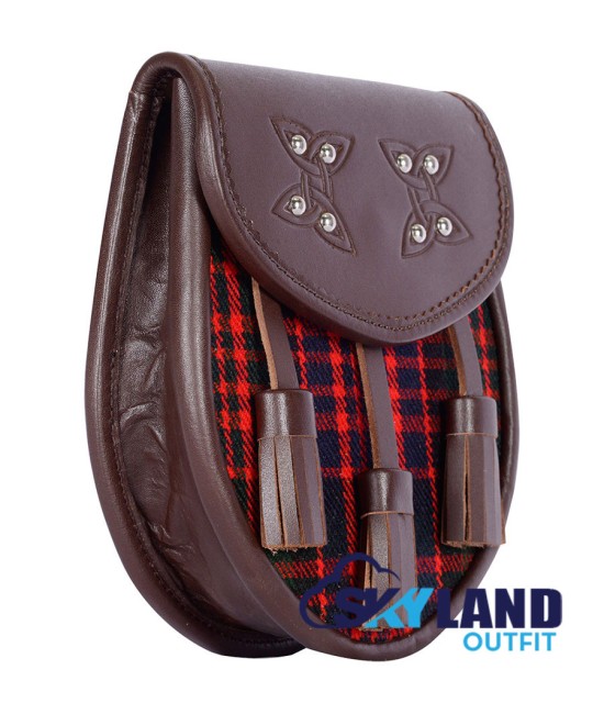 Brown Leather Scottish Sporran with Clan Macdonald Tartan