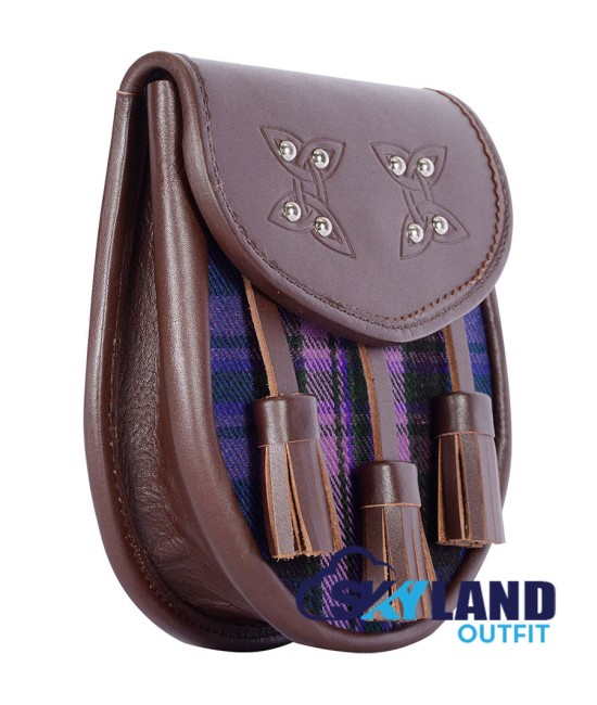 Brown Leather Sporran with Clan Pride of Scotland Tartan