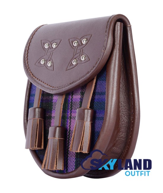 Brown Leather Sporran with Clan Pride of Scotland Tartan