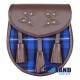 Brown Leather Scottish Sporran with Clan Ramsay Blue Tartan
