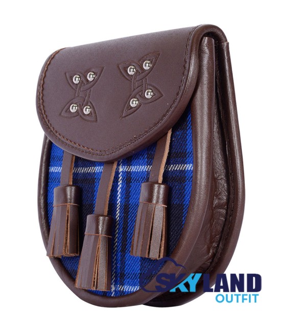 Brown Leather Scottish Sporran with Clan Ramsay Blue Tartan