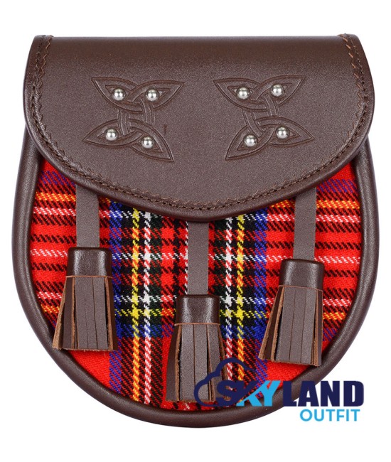 Brown Leather Scottish Sporran with Clan Royal Stewart Tartan 