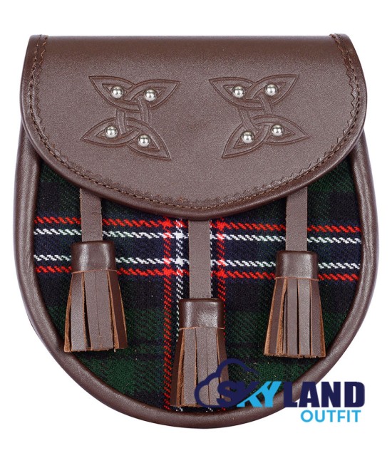 Brown Leather Scottish Sporran with Clan Scottish National Tartan