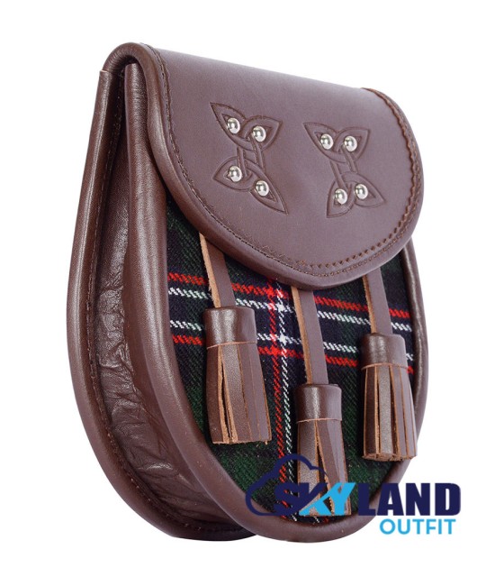 Brown Leather Scottish Sporran with Clan Scottish National Tartan
