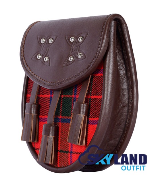 Brown Leather Scottish Sporran with Clan Scottish Rose Tartan