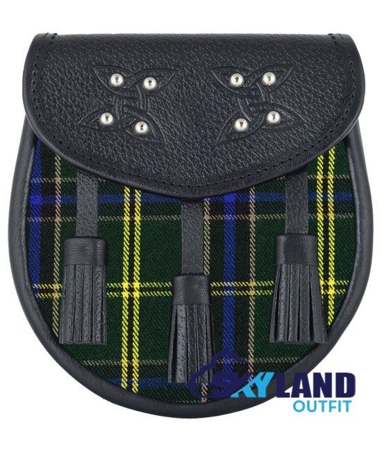 Black Leather Scottish Sporran with Clan US Army Tartan
