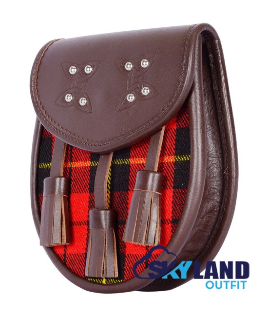 Brown Leather Scottish Sporran with Clan Wallace Tartan