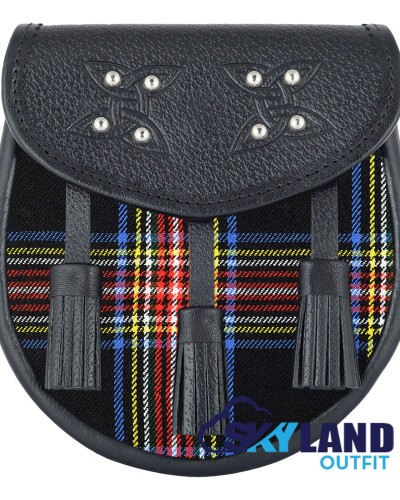 Brown Leather Scottish Sporran with Clan Black Stewart Tartan Brown Leather Scottish Sporran with Clan Black Stewart Tartan