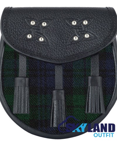 Black Leather Scottish Sporran with Clan Black Watch Tartan Black Leather Scottish Sporran with Clan Black Watch Tartan