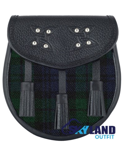 Black Leather Scottish Sporran with Clan Black Watch Tartan Black Leather Scottish Sporran with Clan Black Watch Tartan
