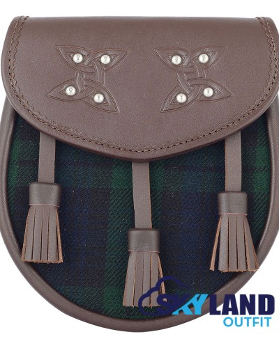 Black Leather Scottish Sporran with Clan Black Watch Tartan Black Leather Scottish Sporran with Clan Black Watch Tartan