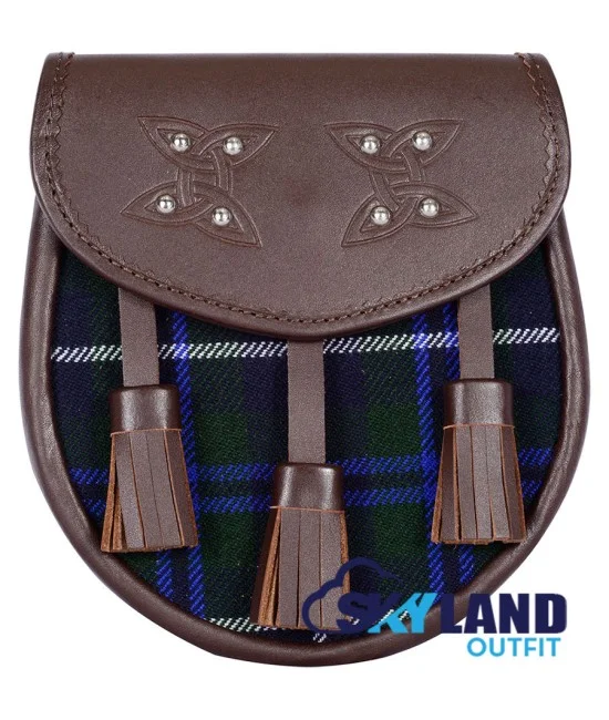 Black Leather Scottish Sporran with Clan Blue Douglas Tartan