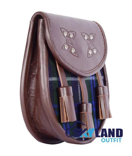 Black Leather Scottish Sporran with Clan Blue Douglas Tartan