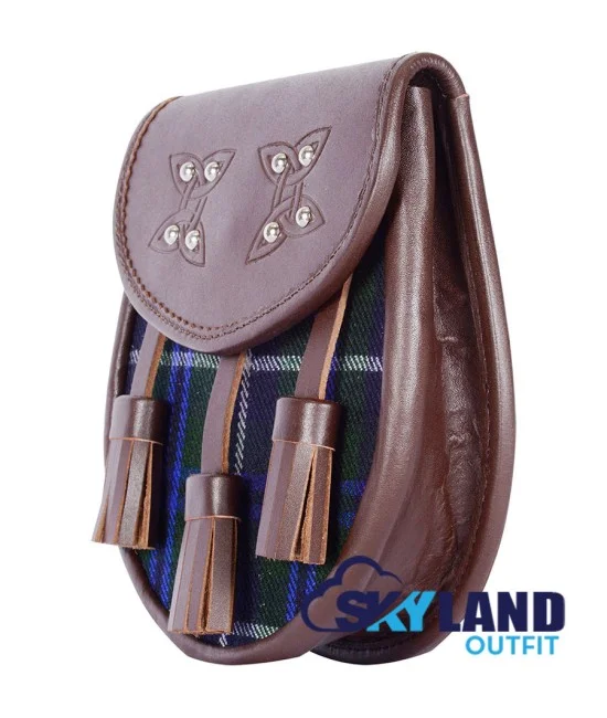 Black Leather Scottish Sporran with Clan Blue Douglas Tartan