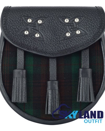 Black Leather Scottish Sporran with Clan Brown Watch Tartan  Black Leather Scottish Sporran with Clan Brown Watch Tartan
