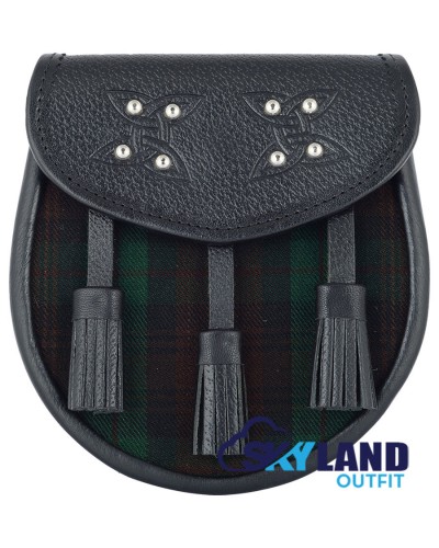Black Leather Scottish Sporran with Clan Brown Watch Tartan  Black Leather Scottish Sporran with Clan Brown Watch Tartan