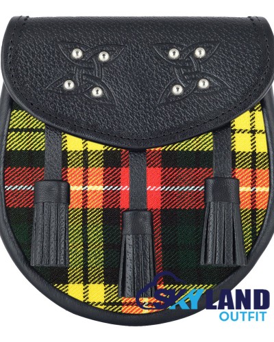 Black Leather Scottish Sporran with Clan Buchanan Tartan Black Leather Scottish Sporran with Clan Buchanan Tartan