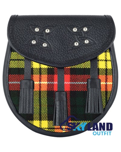 Black Leather Scottish Sporran with Clan Buchanan Tartan