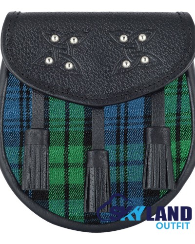 Black Leather Scottish Sporran with Campbell Ancient Tartan Black Leather Scottish Sporran with Campbell Ancient Tartan