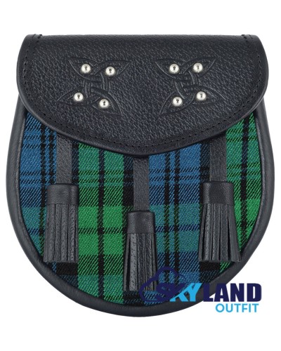 Black Leather Scottish Sporran with Campbell Ancient Tartan Black Leather Scottish Sporran with Campbell Ancient Tartan