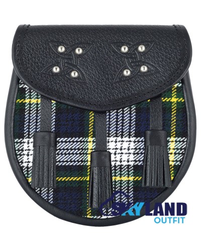 Black Leather Scottish Sporran with Clan Dress Gordon Tartan