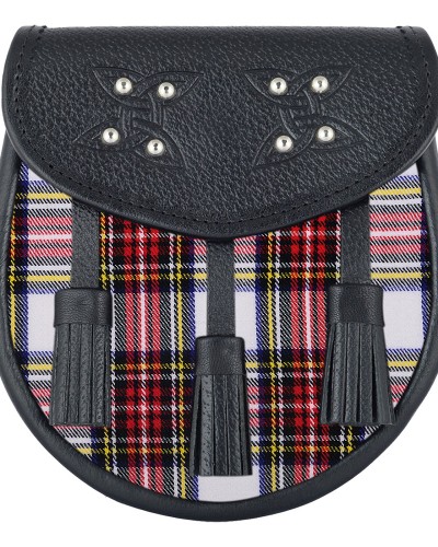 Black Leather Scottish Sporran with Clan Dress Stewart Tartan Black Leather Scottish Sporran with Clan Dress Stewart Tartan