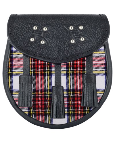Black Leather Scottish Sporran with Clan Dress Stewart Tartan