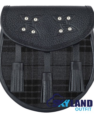 Brown Leather Scottish Sporran with Clan Grey Watch Tartan Brown Leather Scottish Sporran with Clan Grey Watch Tartan