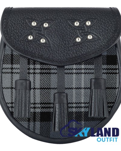 Black Leather Scottish Sporran with Clan Hamilton Grey Tartan Black Leather Scottish Sporran with Clan Hamilton Grey Tartan