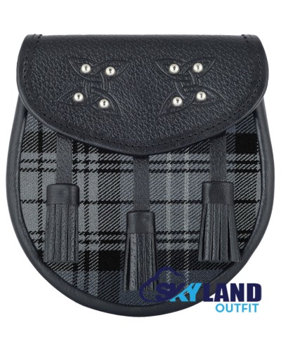 Black Leather Scottish Sporran with Clan Hamilton Grey Tartan