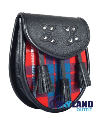 Black Leather Scottish Sporran with Clan Hamilton Red Modern Tartan