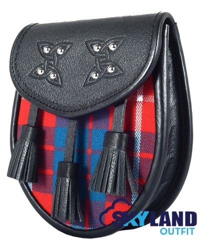 Black Leather Scottish Sporran with Clan Hamilton Red Modern Tartan Black Leather Scottish Sporran with Clan Hamilton Red Modern Tartan