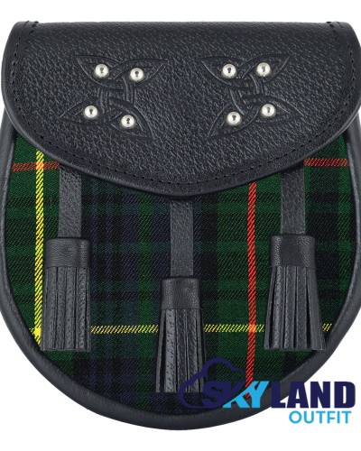 Black Leather Scottish Sporran with Clan Hunting Stewart Tartan